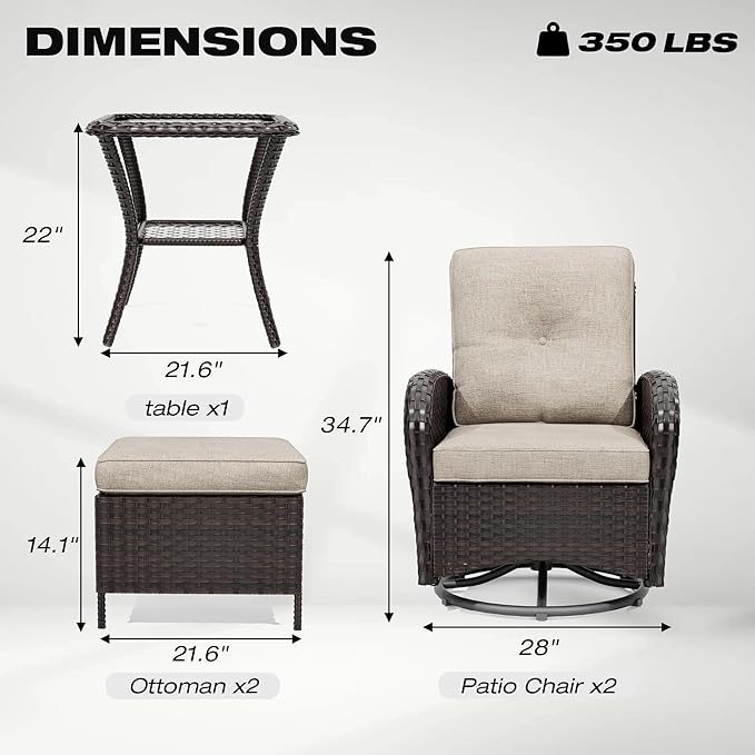 Joyside 5 Piece Patio Furniture Set, Outdoor Swivel Chair Sets with Thick Cushion and Ottoman, Wicker Patio Conversation Set for Porch, Deck Use (Brown/Beige, 5 PCS)-VerdiqueGarden