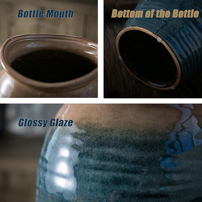 Blue Floor Vase, Ceramic Glazed Large Vase for Modern Farmhouse Home Decor, Rustic Terracotta Pottery, Vintage Clay Vase for Living Room Entryway Centerpiece-VerdiqueGarden