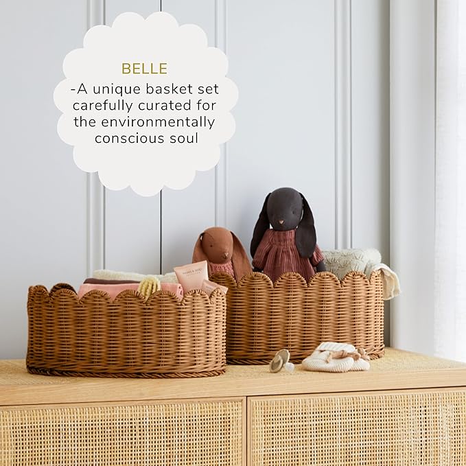 BEBE BASK Premium Scalloped Basket Set Of 2 - Scallop Basket - 16 x 10 x 7 Inch - Hand-Woven Elegant Wicker With Scalloped Edge - Nursery Storage (Mocca)-VerdiqueGarden