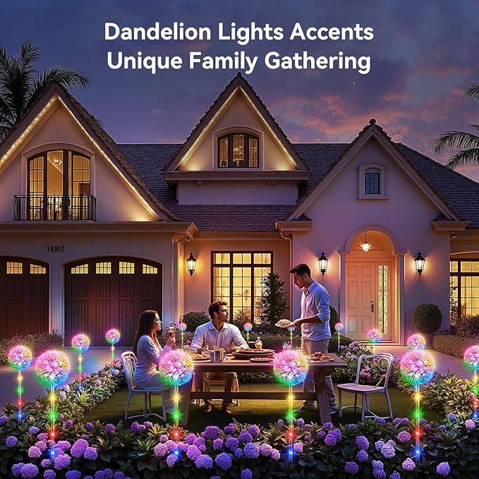4 Pack Dandelion Solar Outdoor Lights Decorative with Colorful String Lights, Upgraded Waterproof Solar Garden Decor for Yard, Patio, Landscape Decoration-VerdiqueGarden