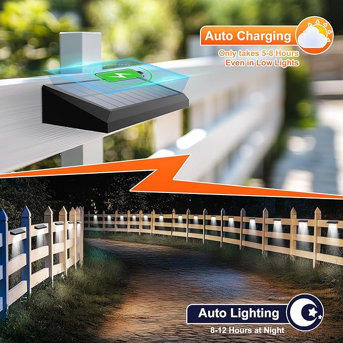 Solar Fence Lights Outdoor Waterproof IP65, 8 Pack Fence Lights Solar Powered 60 Lumens Auto On/Off Step Wall Lights Outside Decorations for Yard, Porch, Patio, Stairs, Pool, Deck, Garden-White Light-VerdiqueGarden