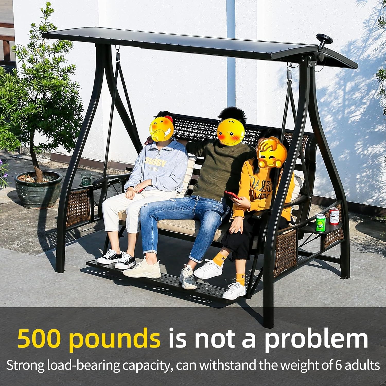 2/3-Seat Outdoor Patio Porch Swing with Adjustable Aluminum Alloy Canopy Solar Patio Swing Chair Bench with Footrest Side Cup Holder for Backyard Lawn (Panama-2 Seat)-VerdiqueGarden