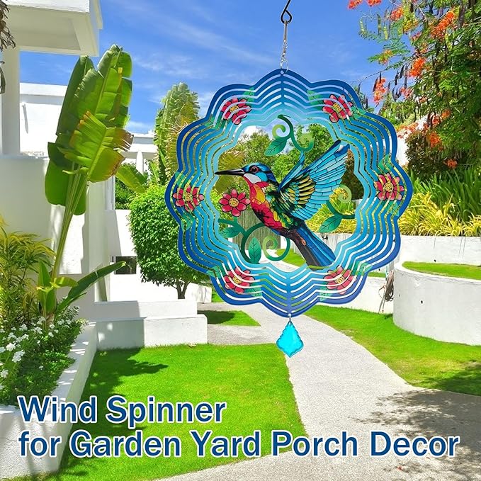 Hummingbird Metal Wind Spinners - 12 Inch Hanging Metal Wind Spinner for Outdoor & Indoor Decor, Hummingbird Kinetic Sculpture for Christmas Ornament Gifts, Yard Art and Garden Decorations-VerdiqueGarden