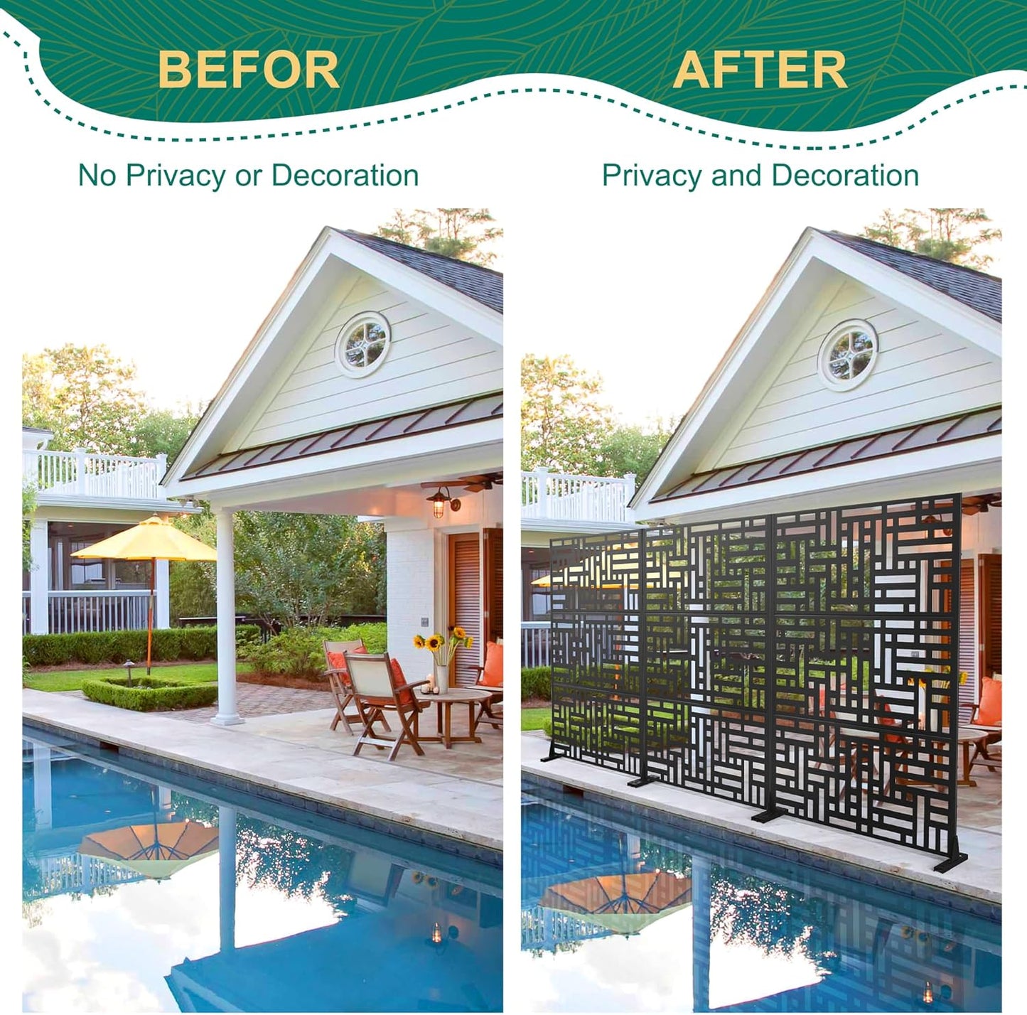 72" H×47" W Metal Privacy Screen Outdoor Privacy Screen Freestanding, Outdoor Privacy Screens and Panels for Patio Lawn Deck(Consists of 3 Panels)-VerdiqueGarden
