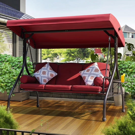 NOBLEMOOD Patio Porch Swing, 3-Seat Outdoor Swing with Adjustable Canopy, Waterproof Fabric Cushion, Pillow and Foldable Side Tray for Patio, Backyard, Porch Swing Bed for Spring-VerdiqueGarden