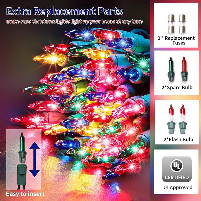 Ultra-Bright Connect End to End Multi Christmas Mini Light 300L 63.8Ft(2Sets-Each 150L)UL Listed Incandescent Bulb String Light for Indoor Outdoor Holiday Garden Party Christmas Tree Decor-VerdiqueGarden