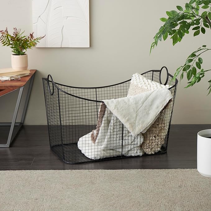 Deco 79 Metal Large Open Frame Wire Grid Storage Basket with Curved Sides and Ring Handles, 30" x 20" x 20", Black-VerdiqueGarden