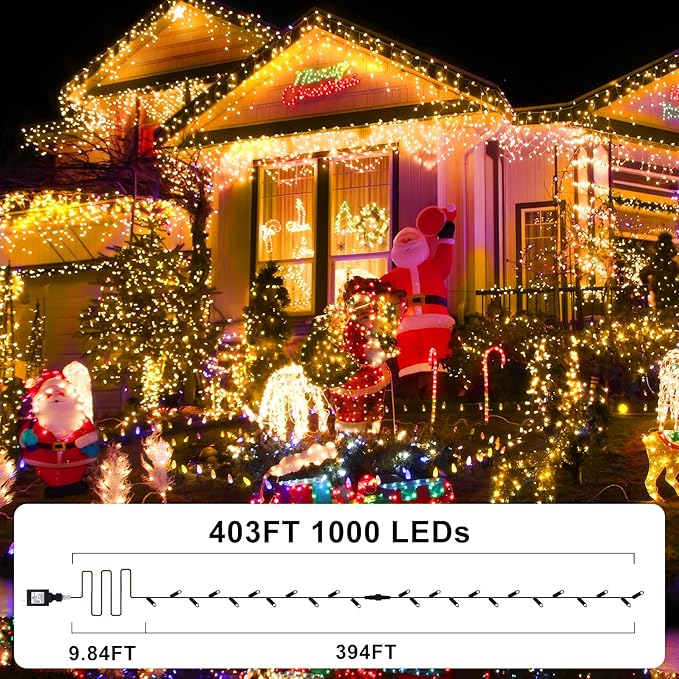 KNONEW 403FT 1000 LED Christmas Lights Outdoor String Lights 8 Modes & Timer Fairy Light Plug in Waterproof LED String Lights for Xmas Yard Tree Wedding Party Holiday Decorations (Warm White)-VerdiqueGarden
