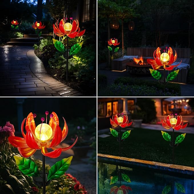Solar Lights Outdoor Garden Decor, Solar Wind Spinner Yard Decorations for Outside, Lotus Windmill Pathway Lights with LED Cracked Crystal Ball Waterproof Flower Sculpture for Patio Lawn Garden Gifts-VerdiqueGarden
