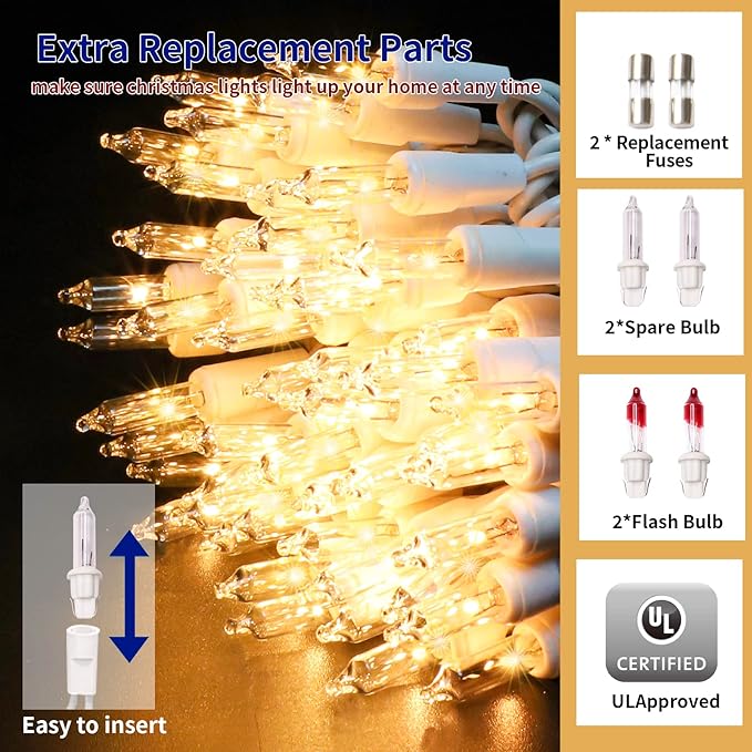 Ultra-Bright Connects End to End Warm White Christmas Mini Lights 100L 19.6Ft UL Listed Incandescent Bulb String Light Set for Indoor and Outdoor Holiday Garden Party Christmas Tree Decor-VerdiqueGarden
