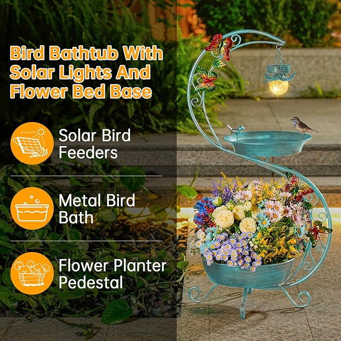 Bird Bath for Outside with Solar Lamp, 36" Birdbaths for Outdoors with Planter Flower Pot, Metal Bird Bath Bowl for Garden Yard Decor (All Blue Green)-VerdiqueGarden