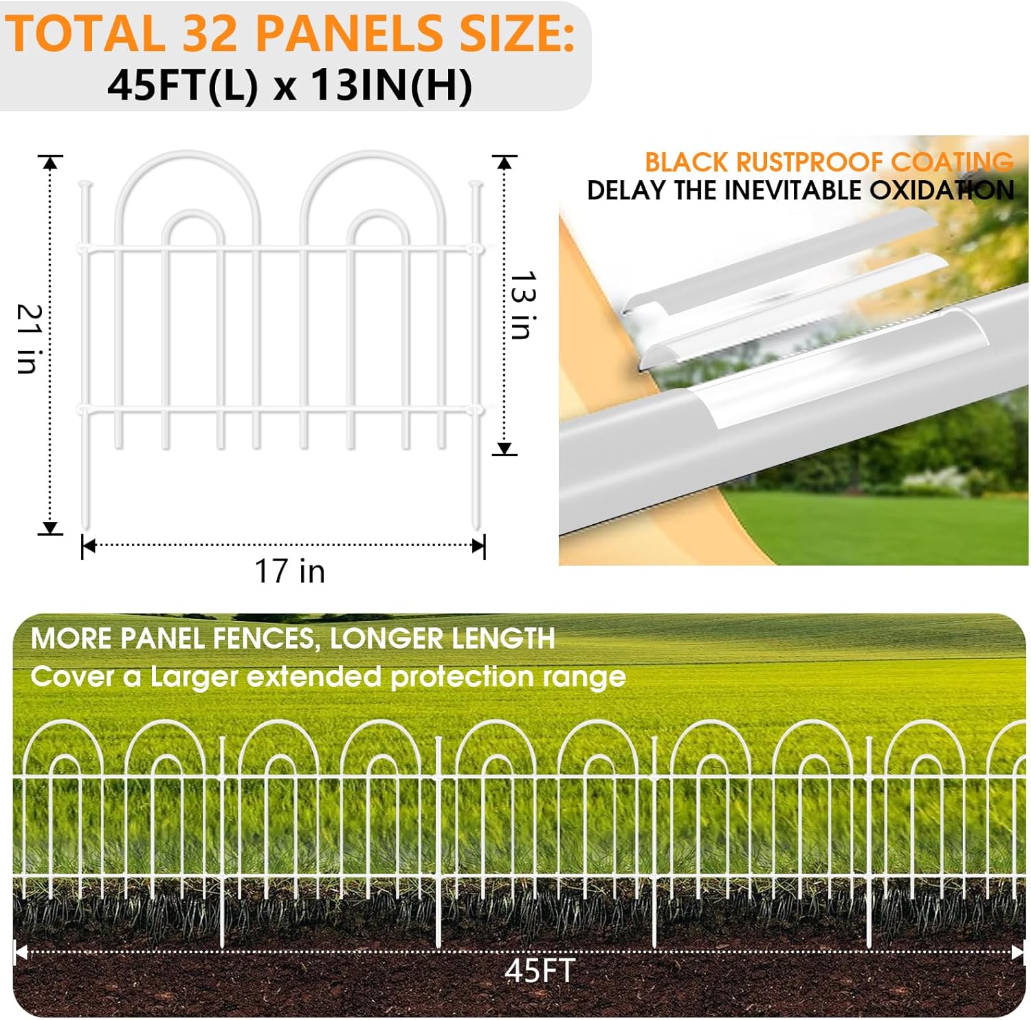 45ft X 13in Animal Barrier Fence, 32 Panels No Dig Fence for Dogs Rabbit, Anti Digging Defense Barrier Garden Edging Border, Rustproof Metal Arched Decorative Garden Fencing for Outdoor, Yard, White-VerdiqueGarden