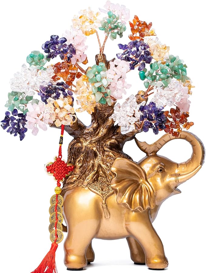 7 Chakra Crystal Money Tree on Gold Elephant Statue, 17”Large Gemstone Bonsai Tree of Life Home Décor Gifts for Wealth Positive Energy, Feng Shui Décor-VerdiqueGarden