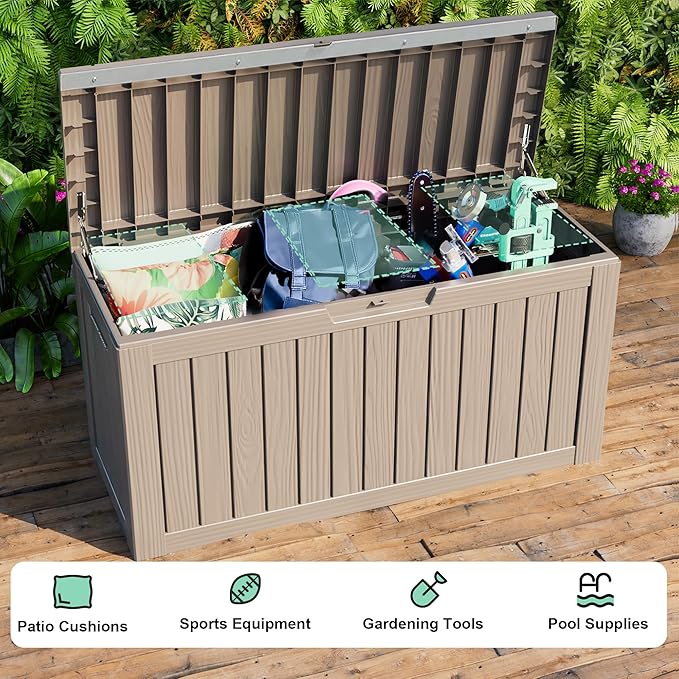 86 Gallon Outdoor Deck Box,Storage Lockable Waterproof Patio Furniture,Garden Tools,Cushions,Pool Accessories Outside Storage Resin Box(Grey)-VerdiqueGarden