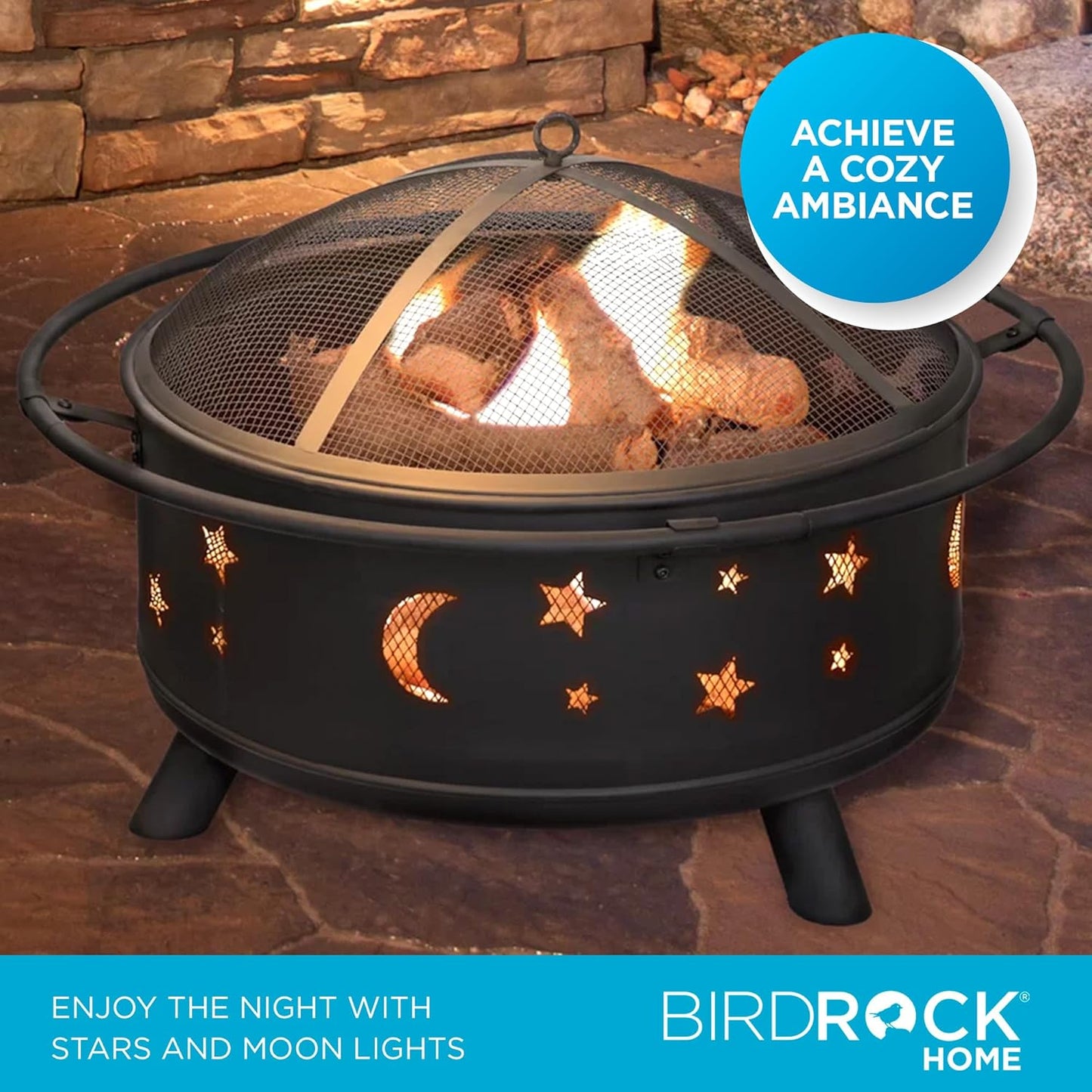 BIRDROCK HOME 30″ Round Wood-Burning Fire Pit – Portable Outdoor Patio & Garden Fire Bowl with Stars & Moon Cut-Outs, Spark Screen, Built-in Grate, 4 Roasting Sticks & Fire Poker - Black-VerdiqueGarden
