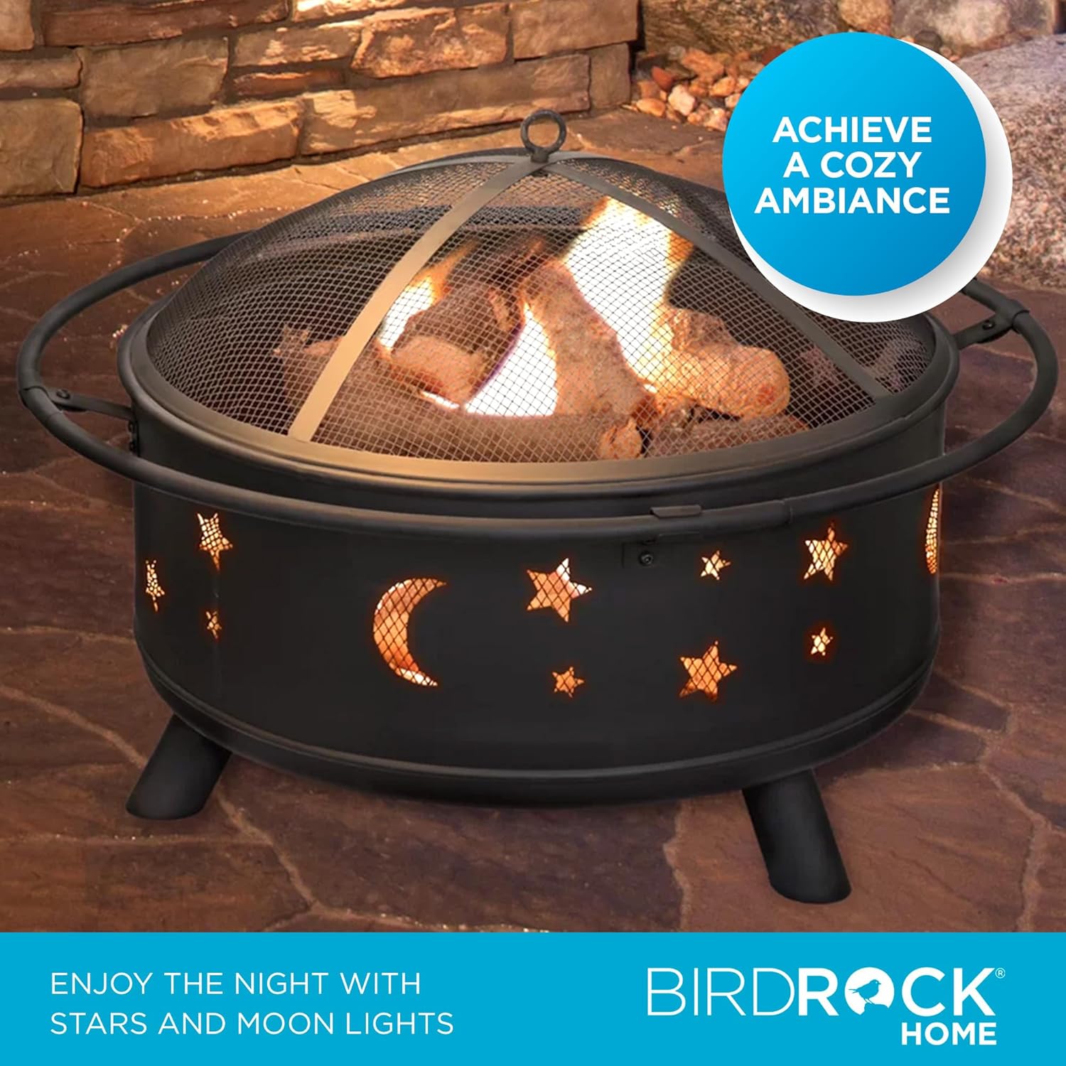 BIRDROCK HOME 30″ Round Wood-Burning Fire Pit – Portable Outdoor Patio & Garden Fire Bowl with Stars & Moon Cut-Outs, Spark Screen, Built-in Grate, 4 Roasting Sticks & Fire Poker - Black-VerdiqueGarden