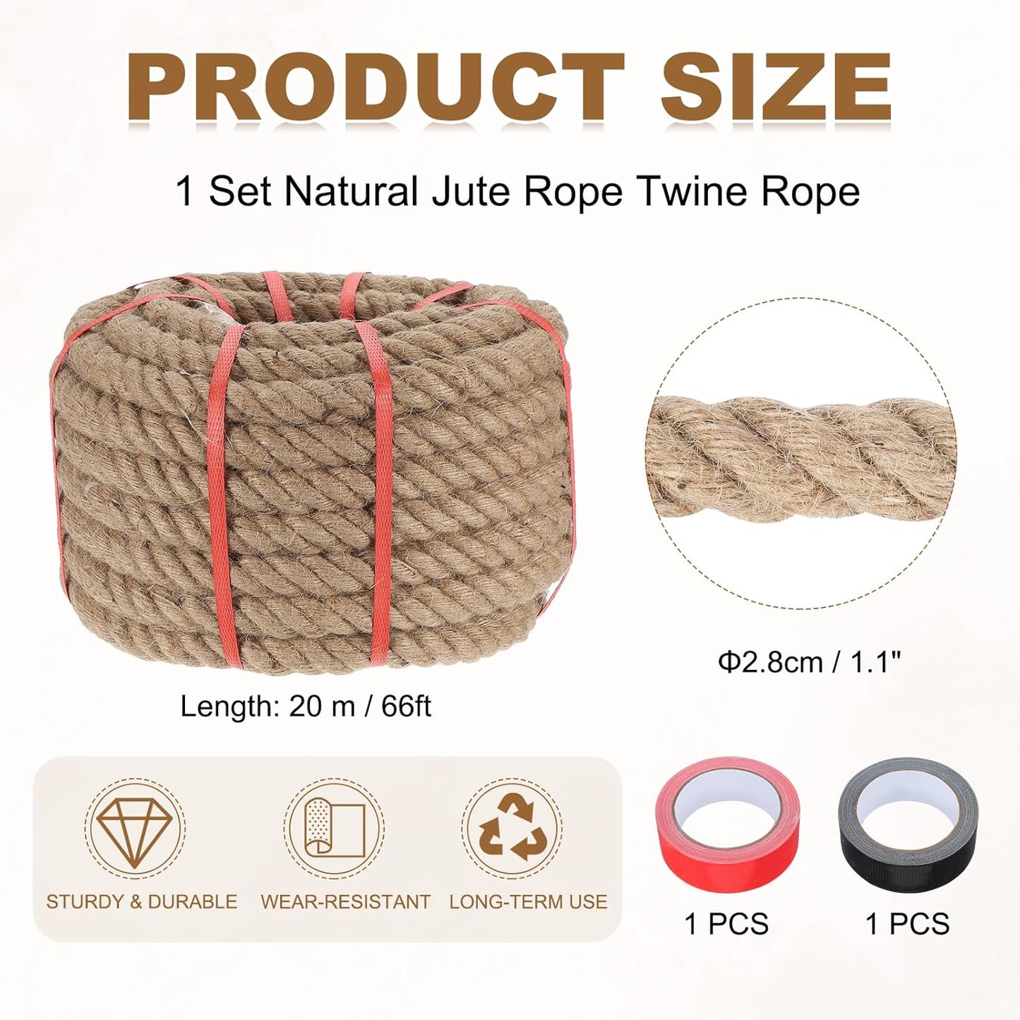 MECCANIXITY Jute Rope 1.1 Inch x 66ft, Thick Twine Rope Ropes Braided Jute Twine Natural Brown Burlap Cord String Heavy Twisted with Tapes for Decorative Crafts Railing Swing Tug of War-VerdiqueGarden