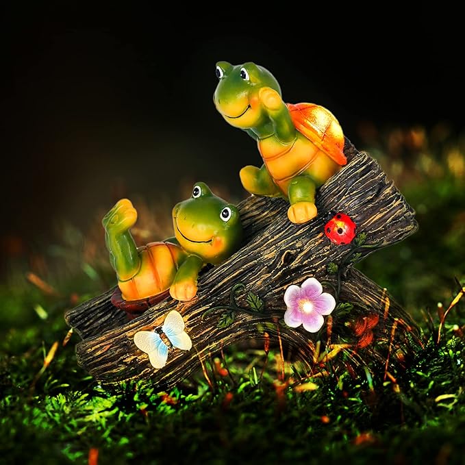 Garden Turtle Figurines Outdoor Decorations, Solar Statue Sweet Frog Face Turtles Decor with 4 LED Lights, Unique Garden Art Resin Statue Gifts for Patio Lawn Porch Yard-VerdiqueGarden