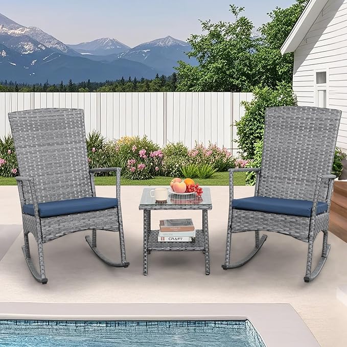 Rocking Chair Outdoor 3 Pieces High-Backed Patio Rocking Chairs Bistro Table and Chairs Set of 2, Navy Blue-VerdiqueGarden