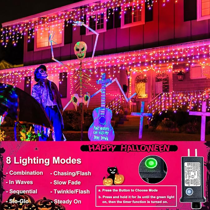 Christmas Icicle Lights Outdoor, 66ft 640 LED Icicle Lights for Outside with 8 Modes Timers, Waterproof Plug in Twinkle String Light for House Eave Patio Party Holiday Decorations, Purple Orange-VerdiqueGarden