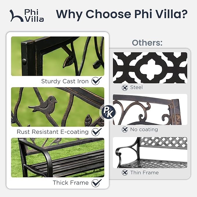 PHI VILLA Outdoor Garden Park Bench Patio 50" Metal Bench, Steel Frame Bench with Backrest and Armrests for Porch, Lawn, Balcony, Backyard and Indoor, Bronze-VerdiqueGarden