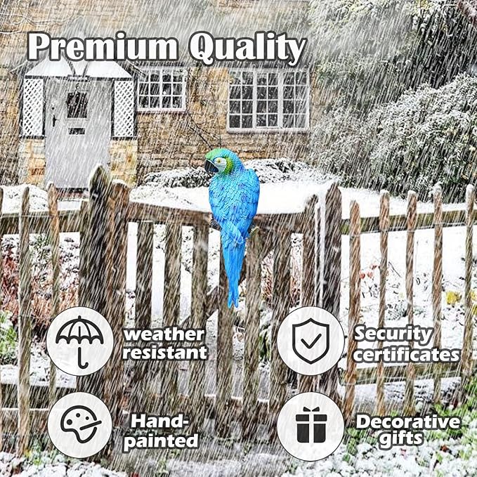 12inch Blue Parrot Tiki Bar Statue for Pool Decorations, Outdoor Parrot Deck Decor, Resin Plastic Parrot Sculpture for Porch, Life Size Tropical Birds for Yard, Tree Faces Animals(Blue)-VerdiqueGarden