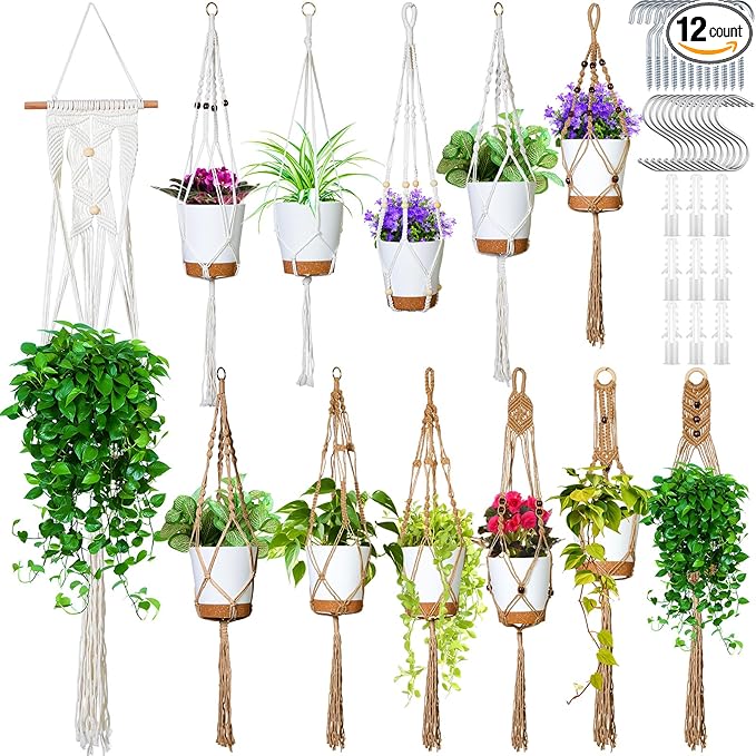 Hoteam 12 Pcs Macrame Plant Hangers Macrame Hanging Planters for Indoor Plants Handmade Boho Hanging Baskets Flower Pots Holder for Outdoor Home Wall Decor-VerdiqueGarden