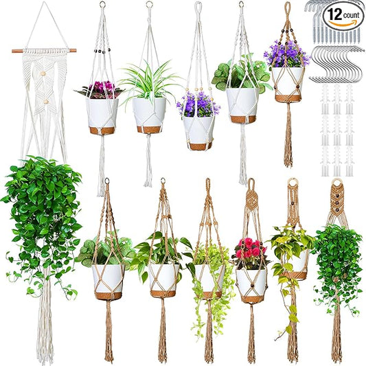 Hoteam 12 Pcs Macrame Plant Hangers Macrame Hanging Planters for Indoor Plants Handmade Boho Hanging Baskets Flower Pots Holder for Outdoor Home Wall Decor-VerdiqueGarden