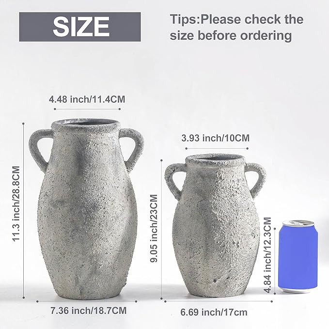 Large Ceramic Rustic Vase,11.3 inch Tall Farmhouse Flower Vase with 2 Handles for Home Decor, Living Room Entryway Table Centerpiece Decor-VerdiqueGarden