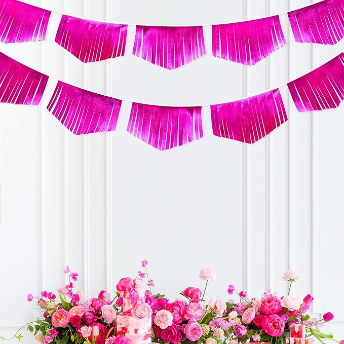 Hot pink Tassel Banner Double Sided Metallic Fabric Pennant Bunting Flag Garland for Birthday Bachelorette Anniversary Engagement Wedding Bridal Shower Graduation Pink Girl Party Decorations Supplies-VerdiqueGarden