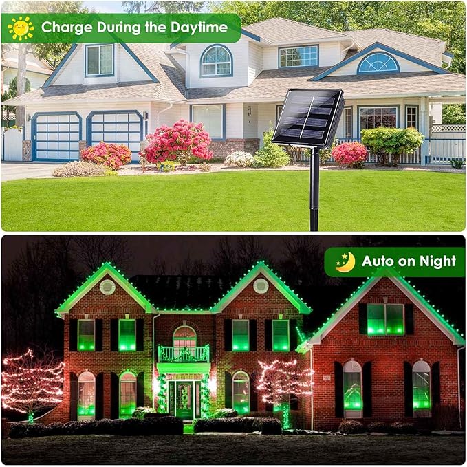 EEW 2 Pack 200 LED Solar Christmas Lights Outdoor Waterproof, Solar String Lights for Outside, Green Wire Solar Tree Light with 8 Lighting Modes for Xmas Wedding Party Garden Yard Decorations (Green)-VerdiqueGarden