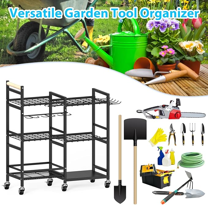 NADAMOO Garden Tool Organizer with Rolling Wheel, 3-tier Metal Shelf Yard Tool Holder, Utility Stand Rack for Garage Organization and Storage, Hold Long-Handled Rakes, Shovel, Broom-VerdiqueGarden