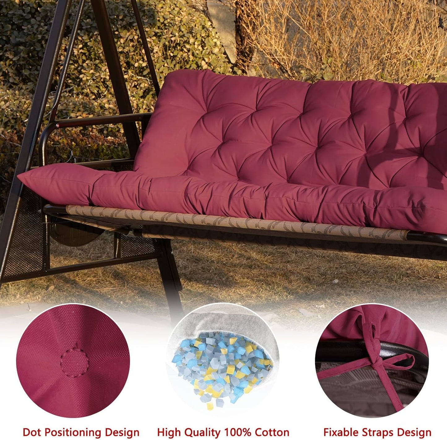 Porch Swing Cushions,Outdoor Cushions 3 Seater Replacement with Backrest, Waterproof Thickened Bench Cushion with Ties for Porch, Patio,Outdoor, Backyard and Garden (Wine Red 60 * 40 in)-VerdiqueGarden