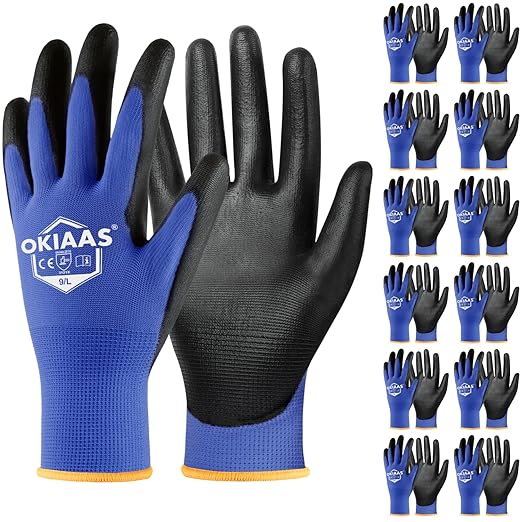 OKIAAS Men's Large Blue 12 Pairs Ultra Thin and Lightweight Working Gloves with Grip, Polyurethane Coating, Safety Gloves for Light Duty Work-VerdiqueGarden