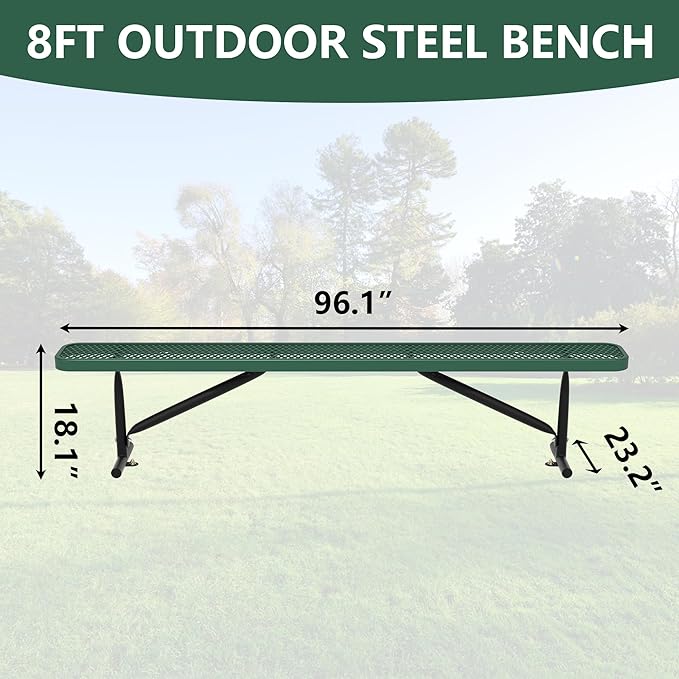 96" L Outdoor Metal Benches, Heavy Duty Garden Park Bench for Outside, Porch Chair Sports Backless Commercial Benches Mesh Bench for Shopping Mall, Store, Lawn, Park, Patio, Deck, Garden-VerdiqueGarden