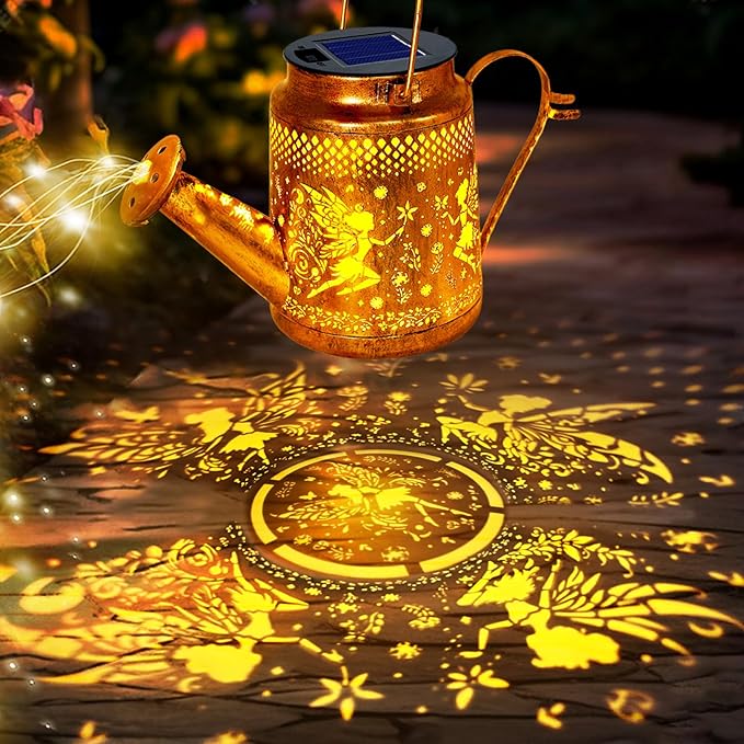 Solar Lanterns Outdoor Waterproof,Metal Watering Can Garden Decor,Fairy Hanging Solar Path Lights Yard Art,Outside Patio Decorations Gardening Birthday Gifts for Mom Grandma Women（with Shepherd Hook）-VerdiqueGarden
