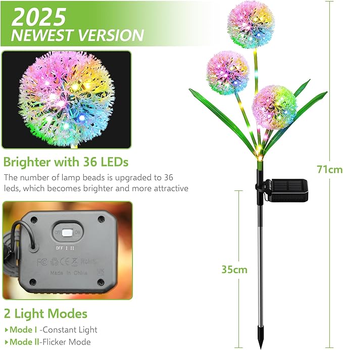 4 Pack Solar Garden Lights Outdoor Decor, New Version 12 Glowing Dandelion Lights & Stems with 144 Colorful LED, 2 Modes Control Solar Lights Outdoor Waterproof IP65 for Yard, Lawn, Pathway-VerdiqueGarden