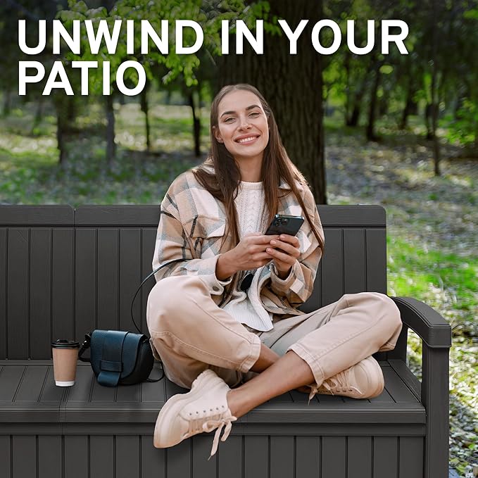 EconoHome 3 Seat Outdoor Storage Bench with Rain Cover - 90 Gallon Capacity - Weatherproof Resin Bench for Patio, Porch, Garden, Yard, Pool Area - Furniture for Pool Accessories, Gardening Tools-VerdiqueGarden