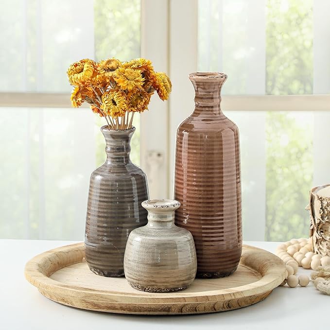 Ceramic Vases Set of 3, Neutral Rustic Farmhouse Vases Home Decor Decorative Flower Vase Modern Boho Pampass Vase for Table Mantel Entryway Shelf Living Room Kitchen Bathroom - Brown-VerdiqueGarden