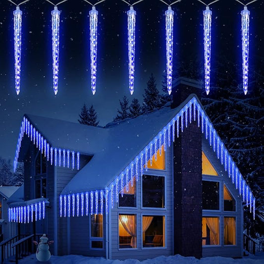 Icicle Lights Outdoor, 19.8Ft Meteor Shower Lights with 20 Tubes, Snowfall Shooting Star Light Effect, Falling Cascading Crystal Christmas Decorations for House, Eave, Roofline, Patio, Blue-VerdiqueGarden