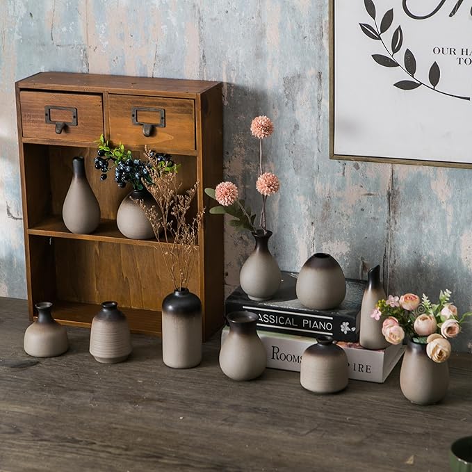 JOJUNO Rustic Bud Vase, Ceramic Small Vase Set of 11, Mini Vases for Fresh and Dried Flowers, Modern Farmhouse Home Decor, Pottery Vases for Living Room, Shelves, Centerpieces for Dining Table-VerdiqueGarden