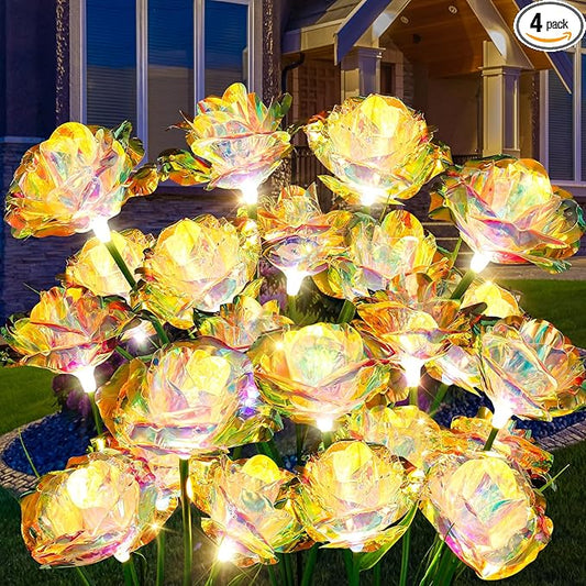 Solar Garden Lights Outdoor, 4 Pack 24-Head Artificial Flowers Solar Lights, IP65 Waterproof Garden Decoration for Yard Patio Path Cemetery Grave, Gifts for Mom Women Bithday Mother's Day-Auto ON/Off-VerdiqueGarden