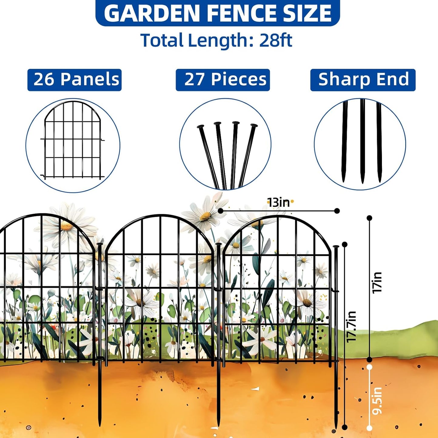 26 Pack Decorative Garden Fence, 22in X 28ft Arched No Dig Fence Border, Garden Edging Border, Rustproof Metal Animal Barrier with Ground Stake for Dog, Rabbit, Outdoor Yard Patio Decor-VerdiqueGarden