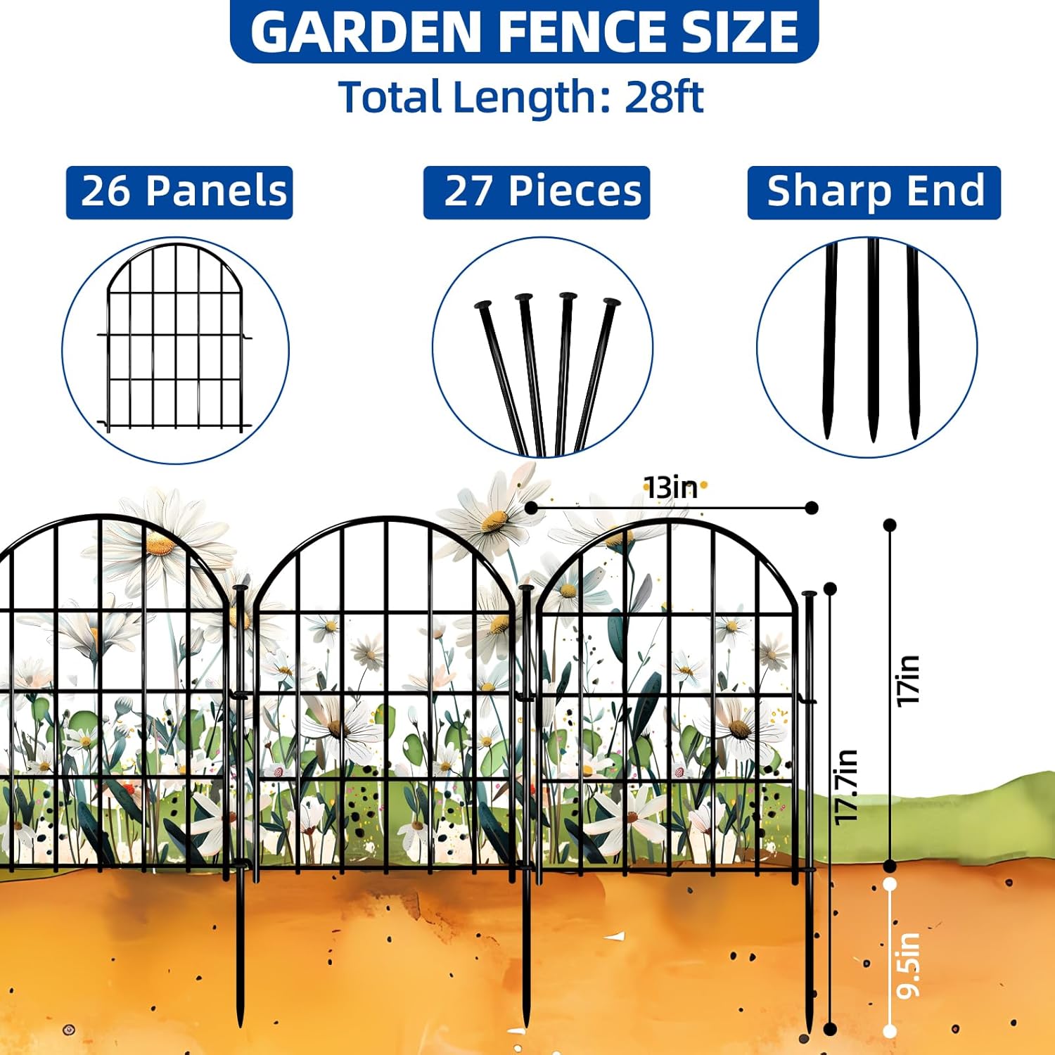 26 Pack Decorative Garden Fence, 22in X 28ft Arched No Dig Fence Border, Garden Edging Border, Rustproof Metal Animal Barrier with Ground Stake for Dog, Rabbit, Outdoor Yard Patio Decor-VerdiqueGarden
