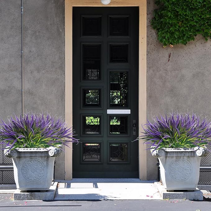 Uieke 28 Bundles Artificial Outdoor Plants UV Resistant Fake Grass Plants Faux Plastic Plants Greenery Shrubs for Home Garden Pathway Window Box Front Porch Cemetery Spring Summer Decor, Purple-VerdiqueGarden