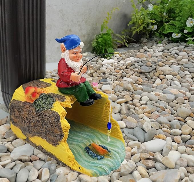 Gnome Fishing 3" x 4" Gutter Downspout Splash Block Decor, Outdoor Garden Animal Statue & Sculpture, Weather-Resistant Gutter Diverter Rain, Decorative Gutter Extension Downspout Ornament-VerdiqueGarden