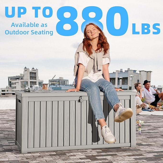 180 Gallon Deck Box,Resin Outdoor Storage Box with Lockable for Patio Furniture, Pool Accessories, Garden Tools Waterproof Outside Storage Box, Grey-VerdiqueGarden