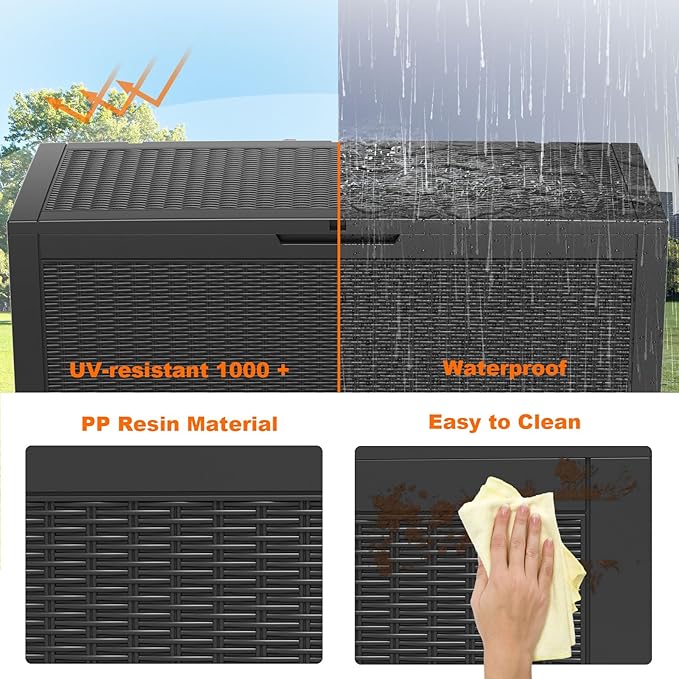 100 Gallon Resin Deck Box, Lockable Patio Outdoor Storage Box for Furniture, Garden Tools and Tools Storage, Waterproof Outside Storage Boxes - Black-VerdiqueGarden