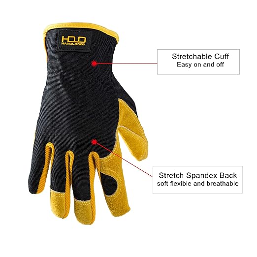 HLDD HANDLANDY Garden Gloves Men, Leather Work Gloves for Men & Women, Cowhide Gardening Gloves Utility Work Gloves for Mechanics, Construction, Driver (S, Yellow)-VerdiqueGarden