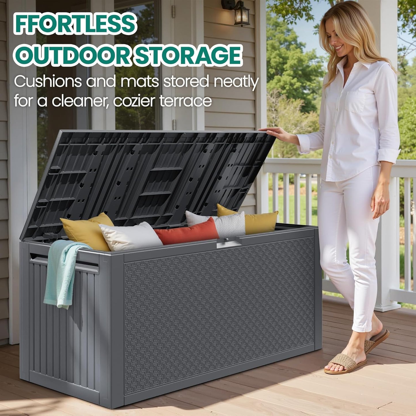 90 Gallon Outdoor Deck Box, Waterproof Outdoor Deck Box, Durable Resin Bin for Patio Cushions, Garden Tools and Pool Accessories, Lockable with UV Protection, Dark Gray, Patio Furniture (90 Gal Gray)-VerdiqueGarden